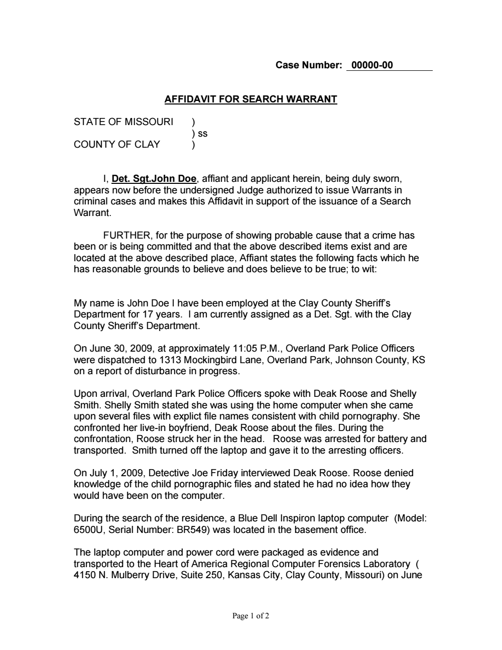 Sample Affidavit for Search Warrant (PDF) — RCFL