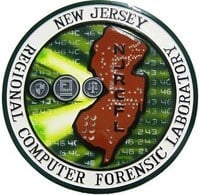 Circular badge with "new jersey regional computer forensic laboratory" written on the outside. The middle has the shape of New Jersey inside it
